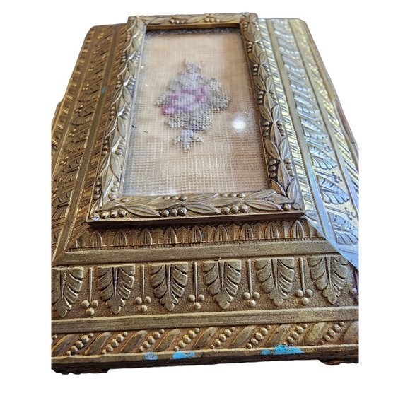 Antique Dore Bronze Footed Decorative Box with Needle Point Center (A2000) - Picture 11 of 12